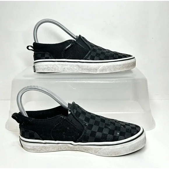 Vans Off The Wall Kids Youth Size 3 Checkerboard Slip On Black Sneakers Shoes - Picture 2 of 6